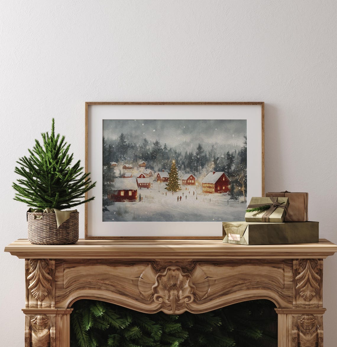 Snowy Winter Village Christmas Tree Lights Red Cabins Night Poster - Image 4