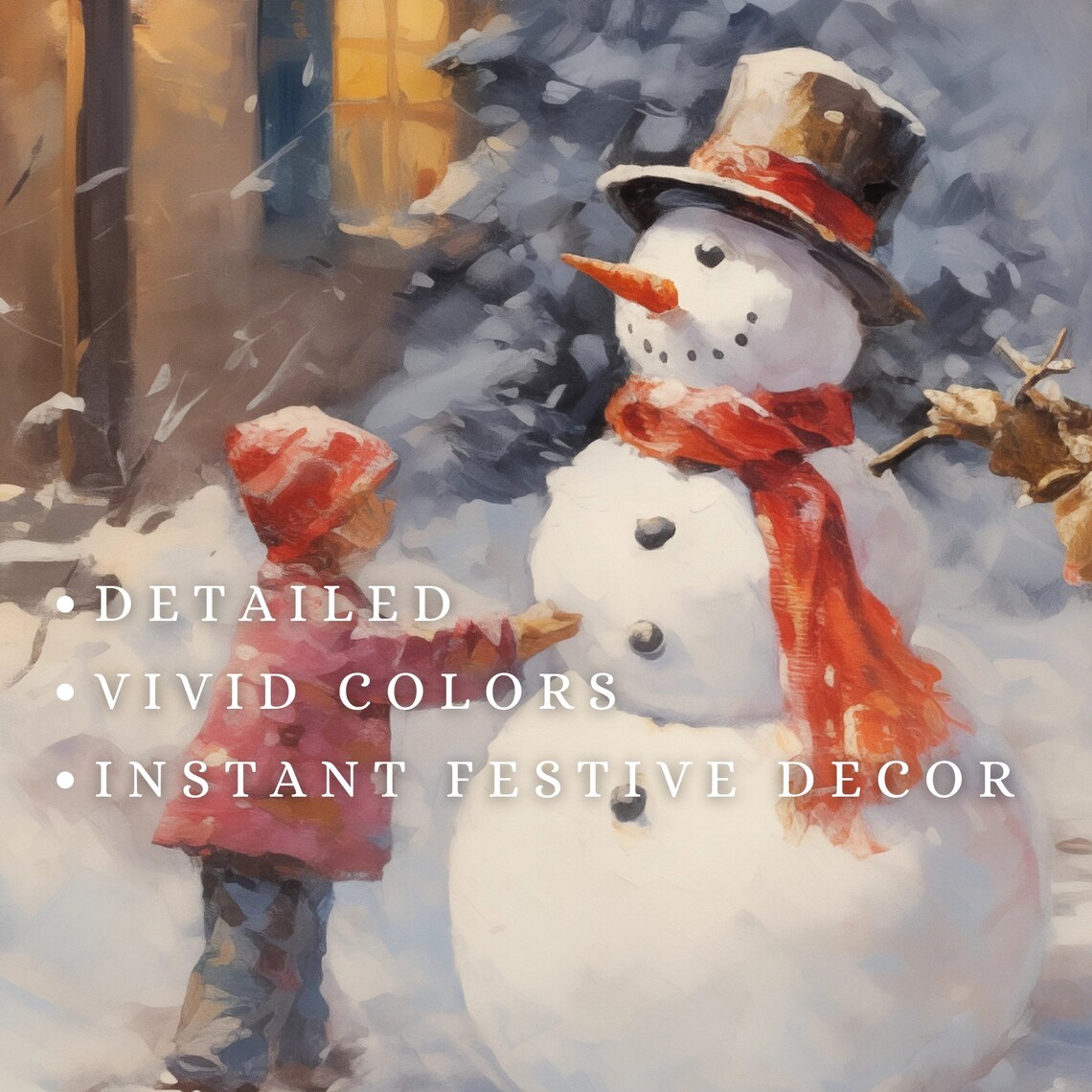 Kids Building Snowman Cozy Winter Scene Vintage Holiday Art Poster - Image 2