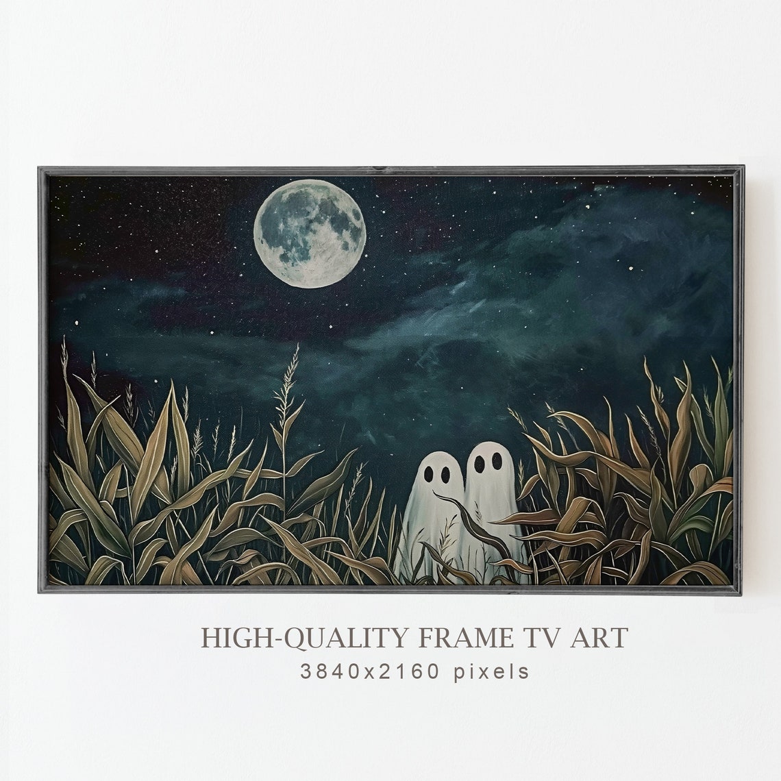 Two Cute Ghosts Moonlit Grass Field Starry Night Sky Halloween Poster - Image 4