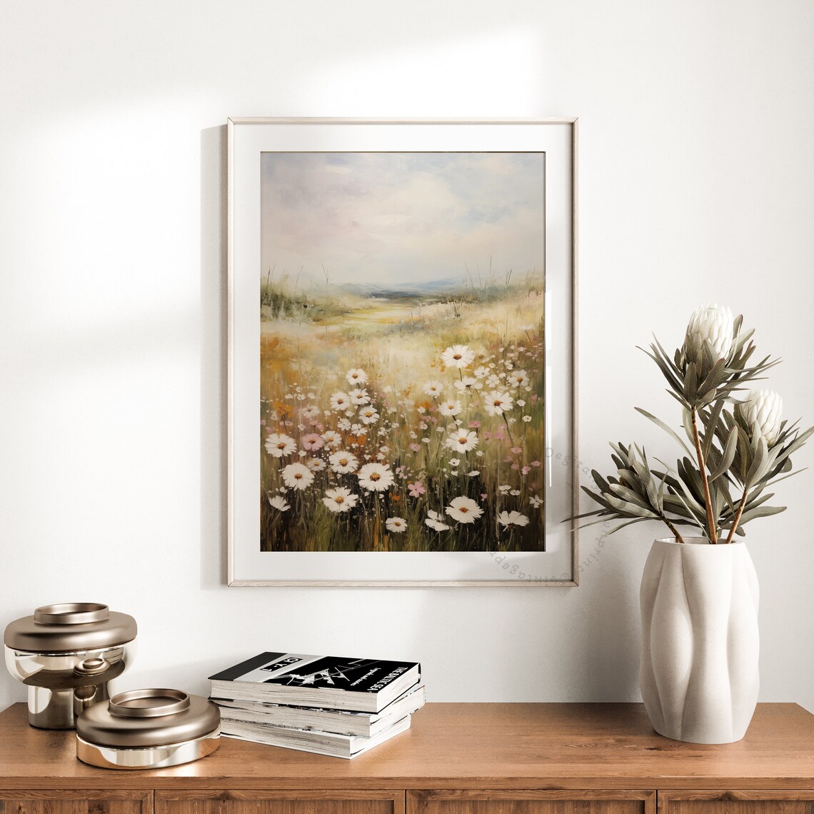 White Daisies and Pink Wildflowers Misty Golden Meadow Print - Image 4