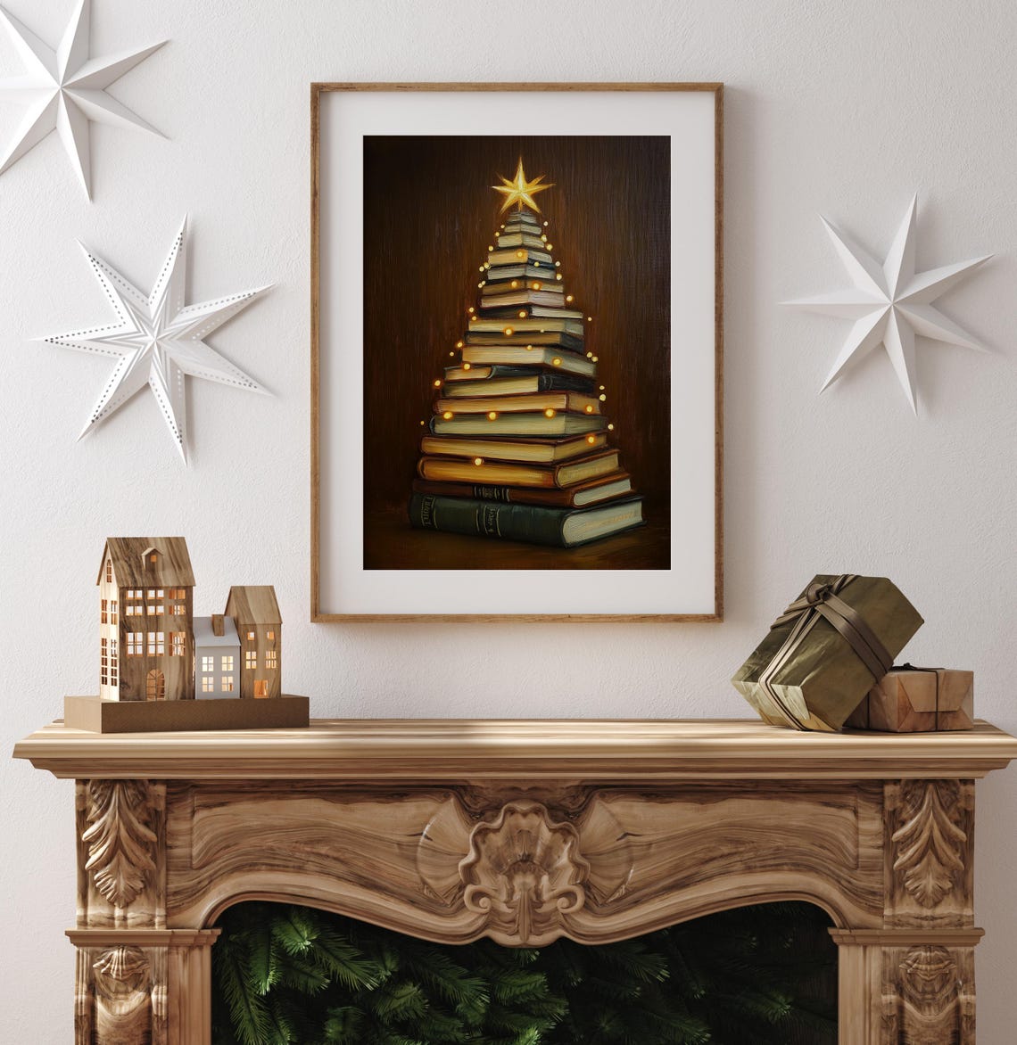 Book Stack Christmas Tree Lights Golden Star Dark Academia Poster - Image 5