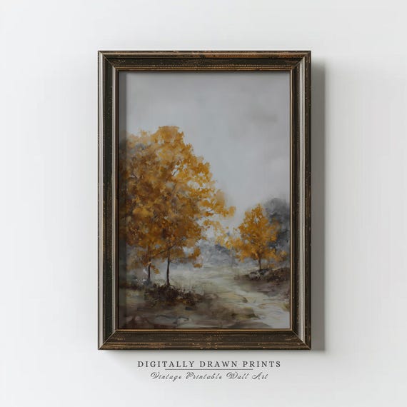 Vintage Autumn Painting Moody Fall Landscape Farmhouse Decor Rustic Neutral Wall Art