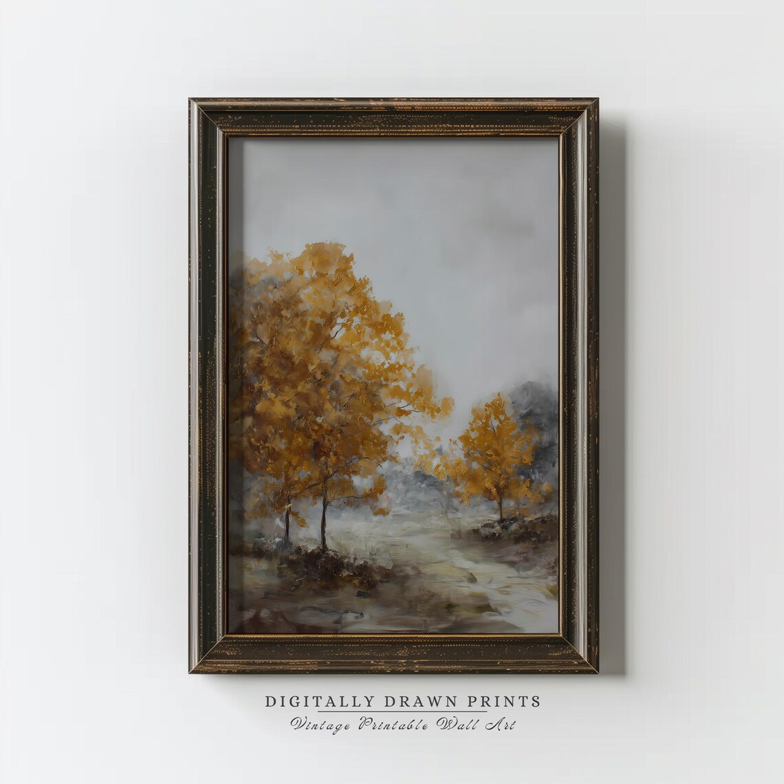 Moody Golden Autumn Landscape With Misty Trees Farmhouse Art Poster