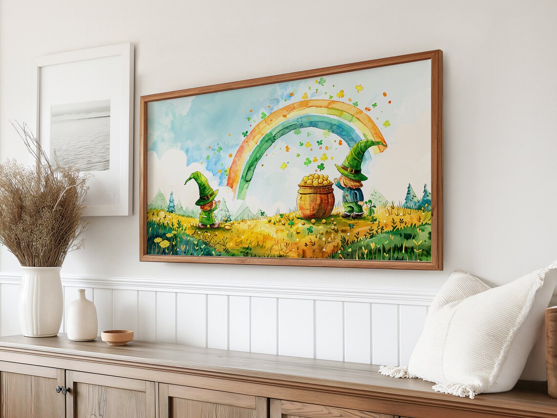 Saint Patrick Pot Of Gold Rainbow Shamrock Watercolor Frame TV Art Print - Image 2