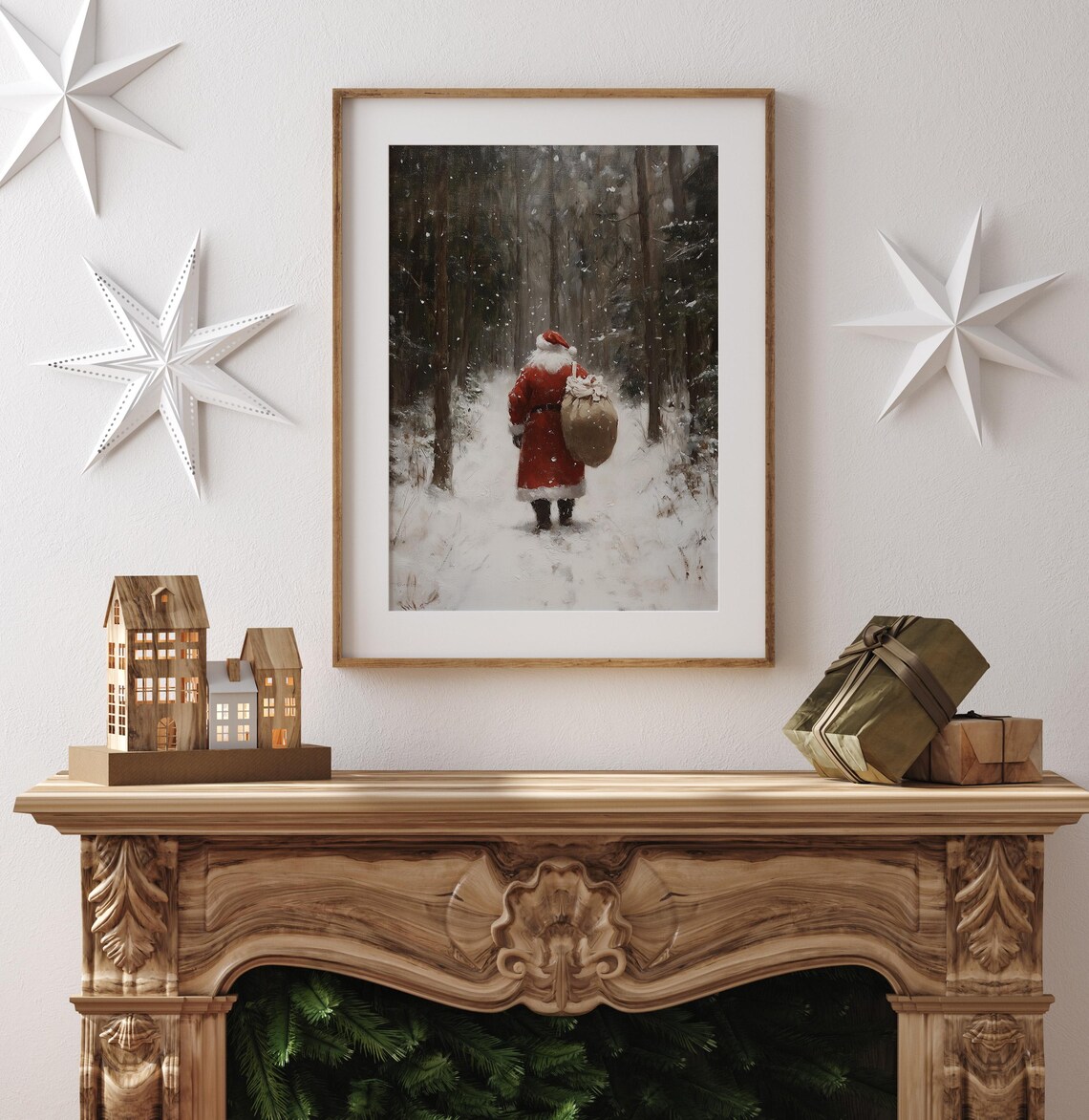 Vintage Santa Christmas Art Print, Snowy Landscape - Image 4