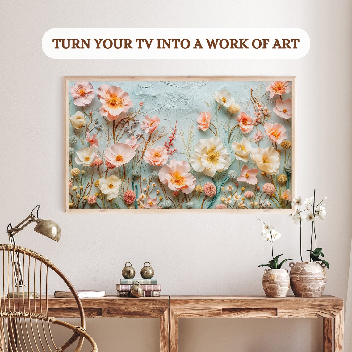 Blush Pink Cream 3D Wildflowers Mint Background Frame TV Art Print Decor - Image 3