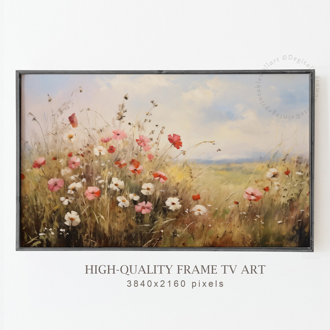 Pink Cosmos Wildflowers in Golden Grass Sunlit Meadow Wall Art - Image 3