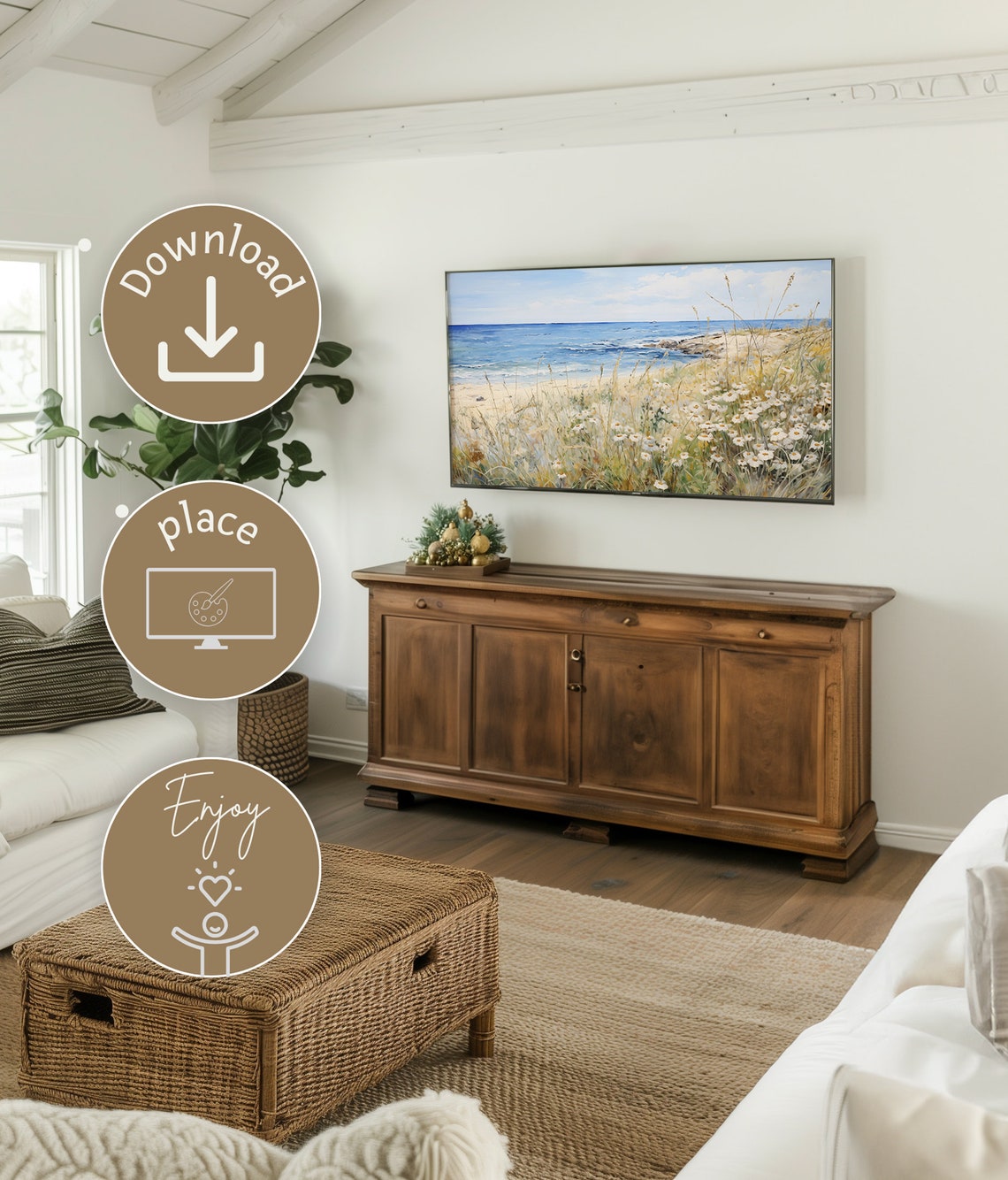 White Daisies Beach Field Sandy Shore Ocean Summer Coastal Poster - Image 3