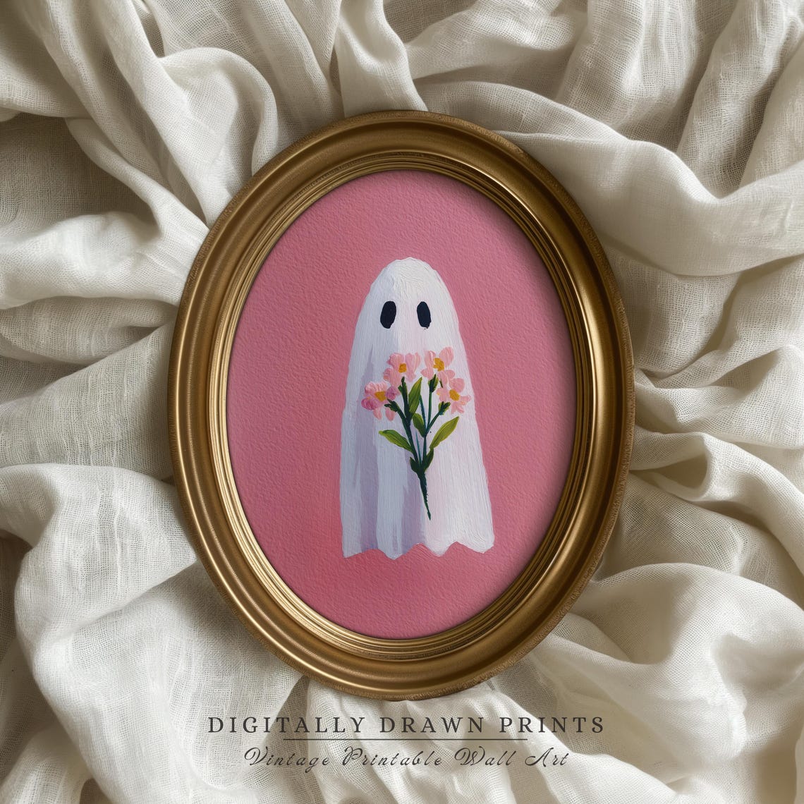 Cute Ghost Holding Pink Flowers On Pink Background Halloween Poster