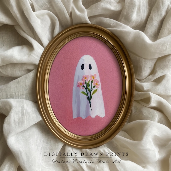 Cute Pink Art Print Halloween Holding Flowers Wall Decor Fun For Kids Room Minimal