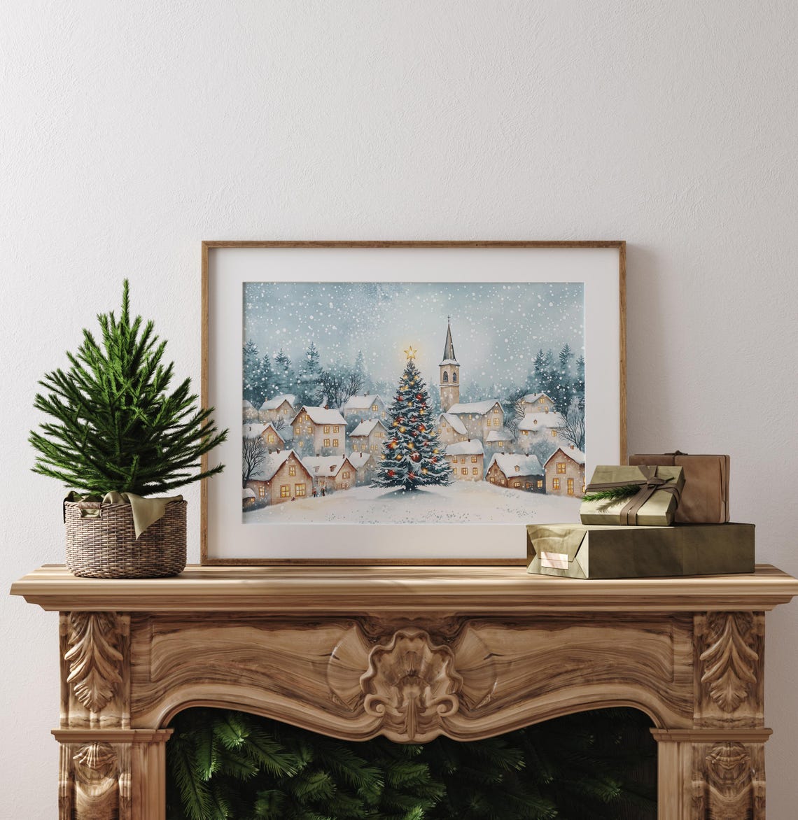 Snowy Christmas Village Church Steeple Lit Tree Glowing Windows Poster - Image 4