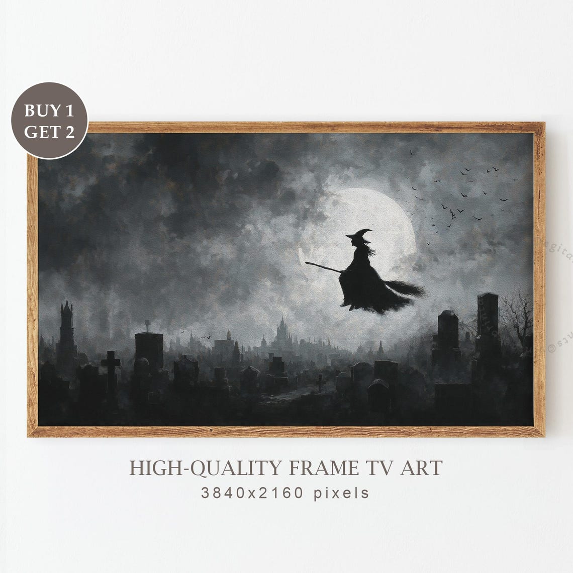 Halloween Witch Flying Full Moon Spooky City Skyline Gothic Wall Art