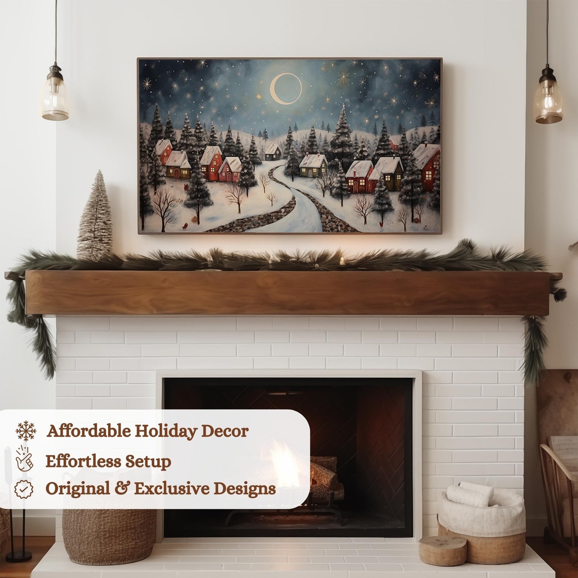Snowy Village Christmas Tv Frame Art Winter Landscape Oil Painting Seasonal Christmas Decor Festive Tv Art - Image 3