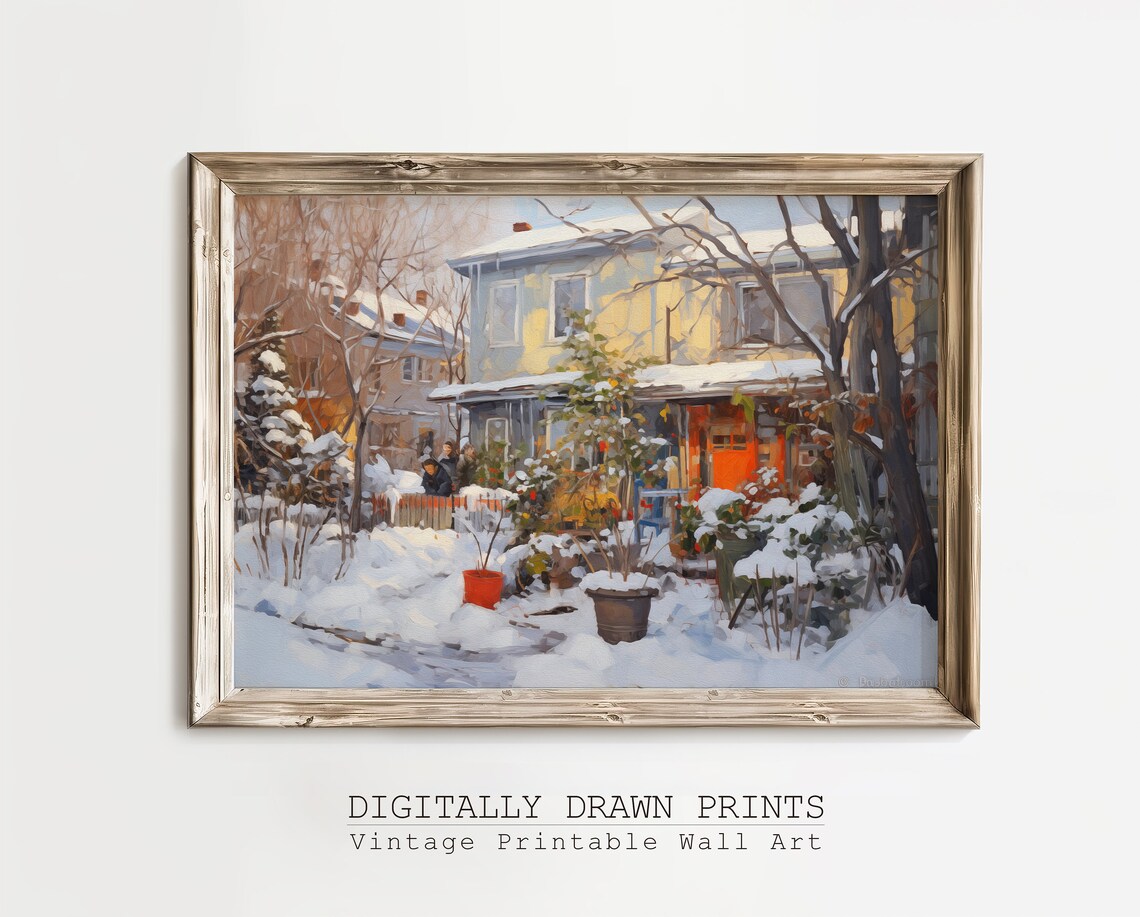 Snow Covered Country House Winter Garden Holiday Oil Painting Wall Art Print - Image 3