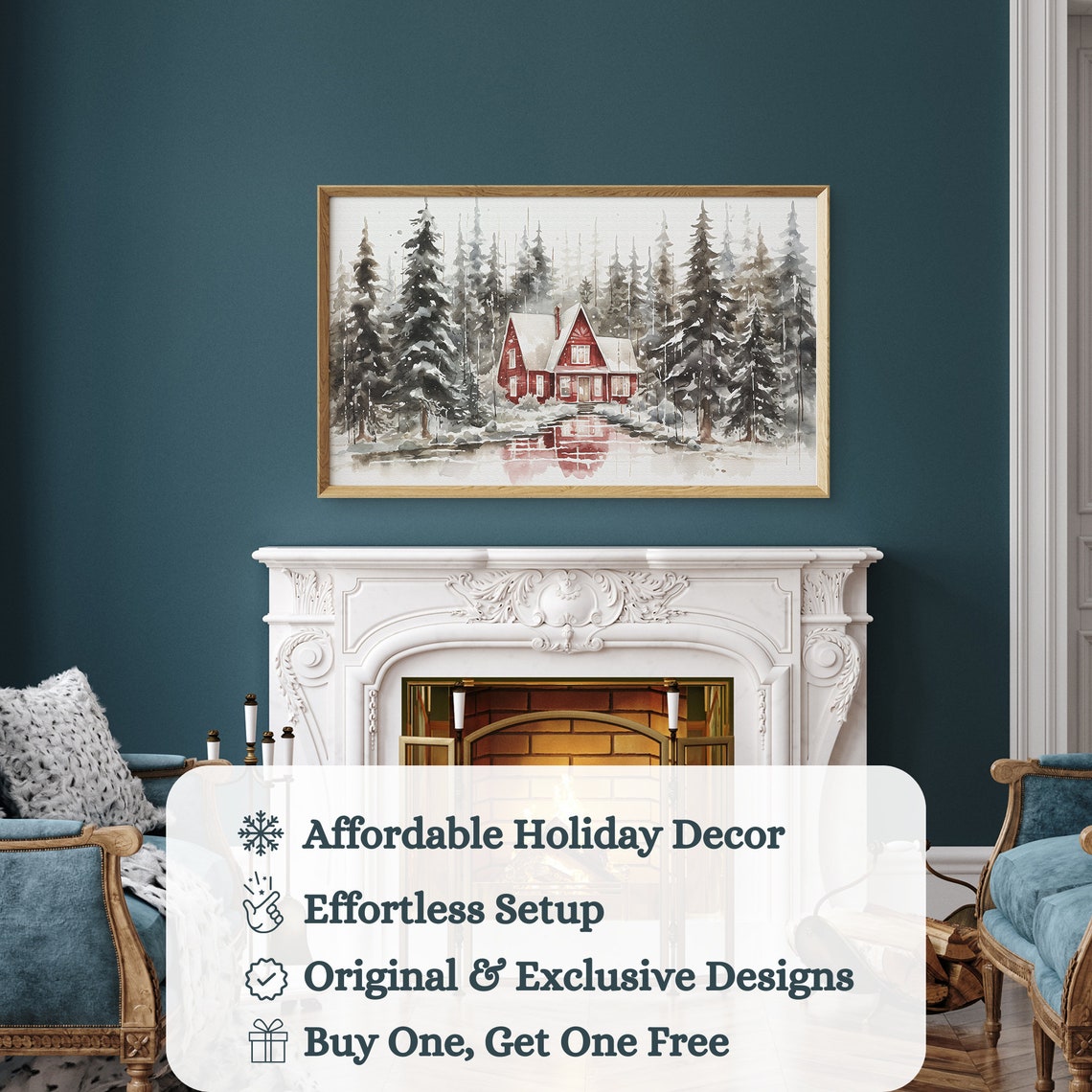 Red Wooden House Reflected In Icy Winter Lake Forest Painting Print - Image 3