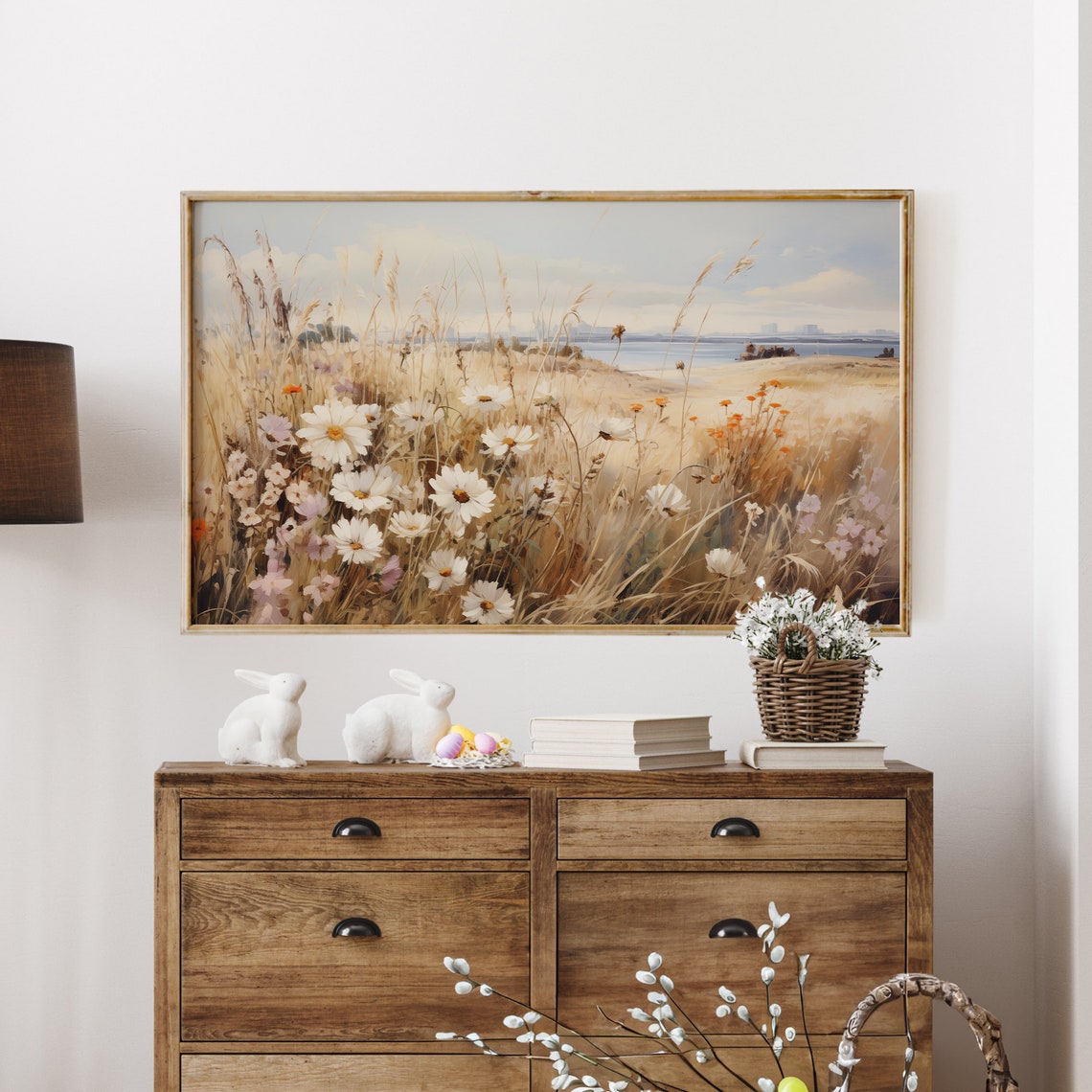 White Daisy Golden Grass Meadow Lake Shore Spring Field Wall Art - Image 4