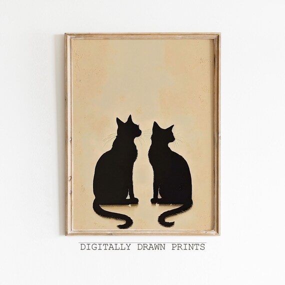 Two Black Cats Silhouette Minimal Beige Halloween Wall Art Poster