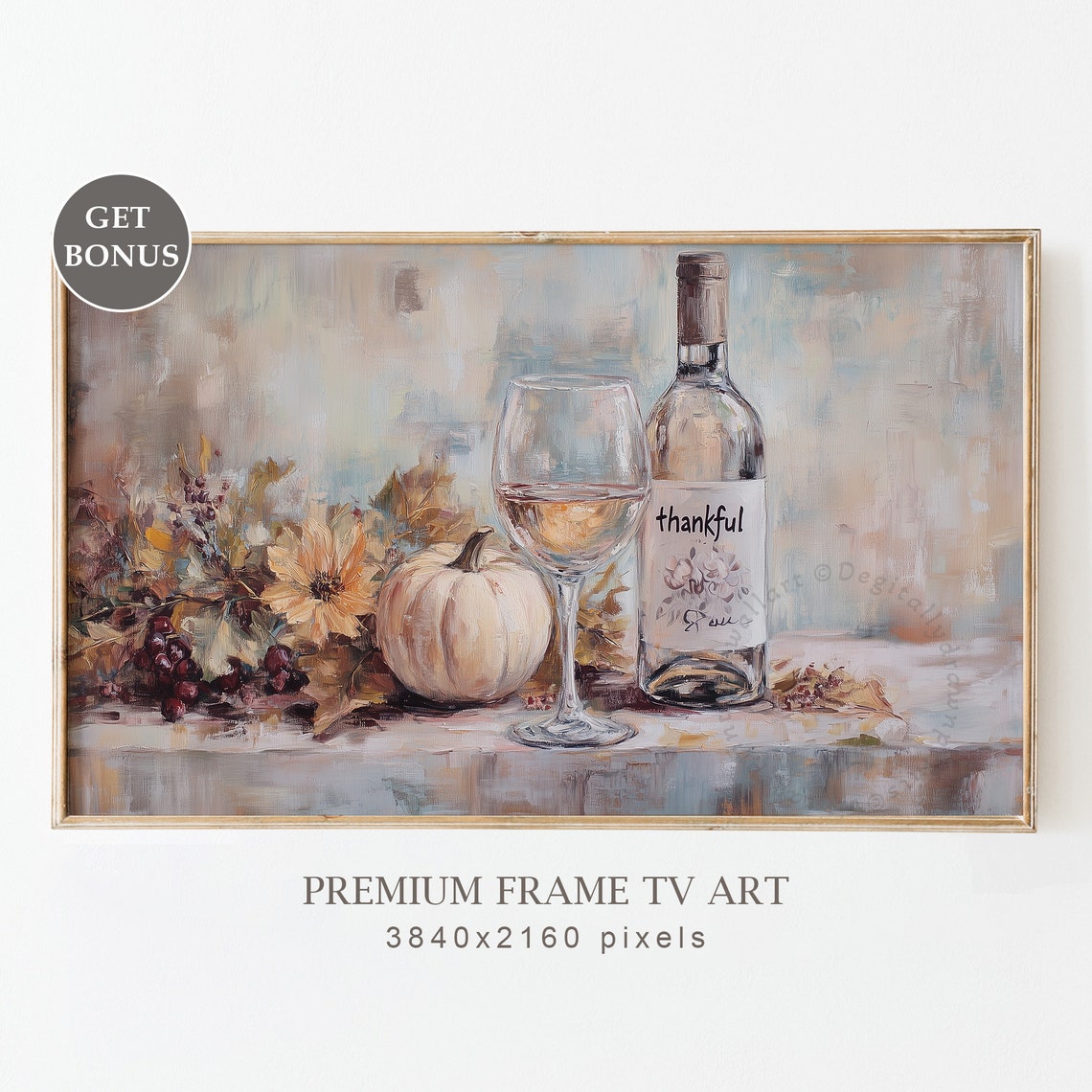 Thankful Wine Bottle Still Life White Pumpkin Fall Flowers Poster