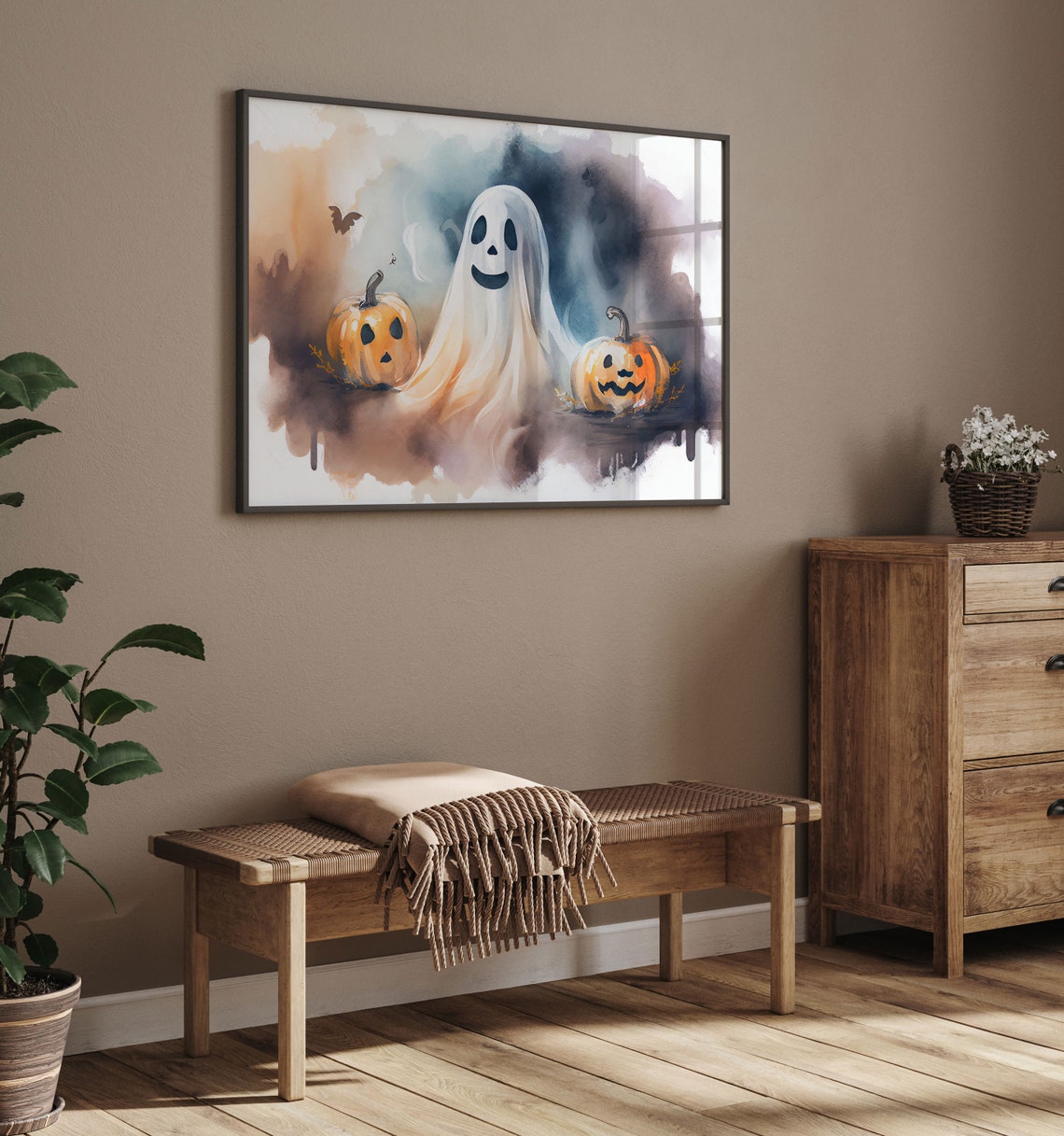 Cute Smiling Ghost with Jack O Lanterns Watercolor Halloween Poster - Image 2