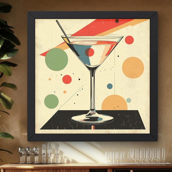 Midcentury Modern Glass Retro Cocktail Wall Art Minimalist Bar Decor With Geometric Shapes Vintage Abstract Print