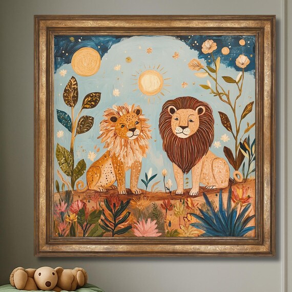 Whimsical Lion Pair Nursery Safari Animal Kids Room Colorful Wall Poster