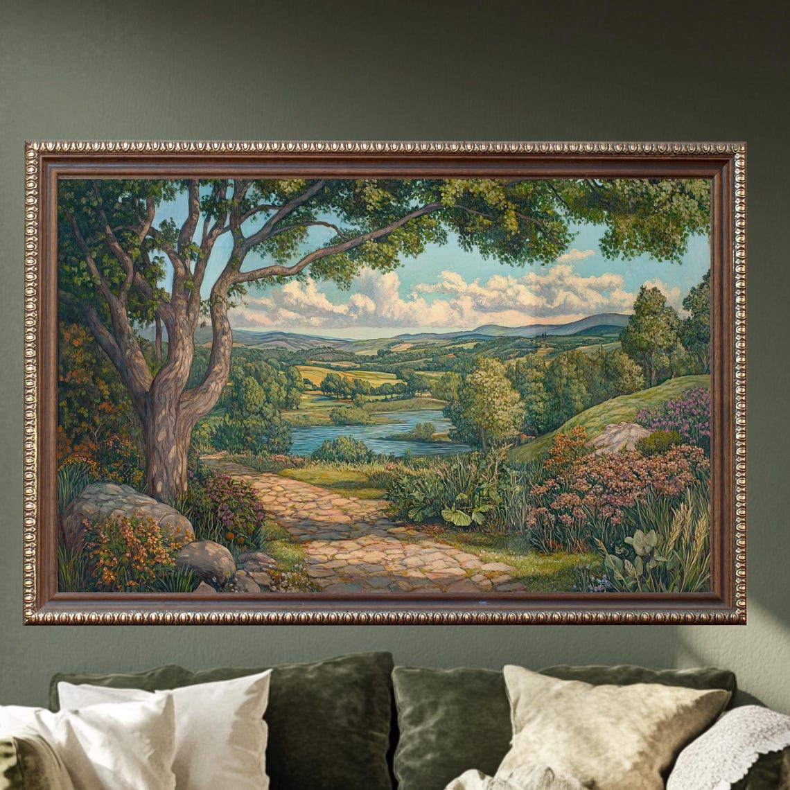 Sunlit Countryside Oak Tree River Valley Arts And Crafts Poster