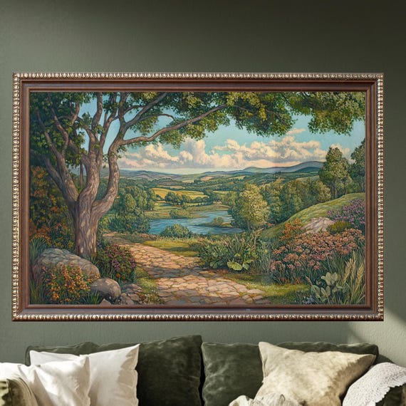 William Morris Inspired Countryside Artwork For Living Room Dcor Scenic Landscape Print With Lush Trees Lake Hills Tranquil