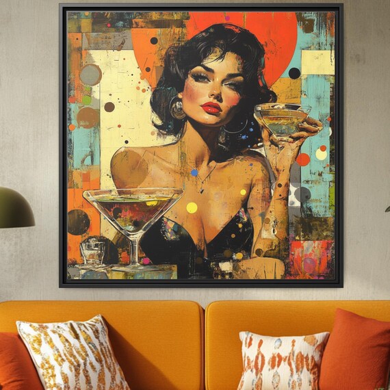 Retro Cocktail Woman Mid Century Modern Glam Bar Wall Art Decor