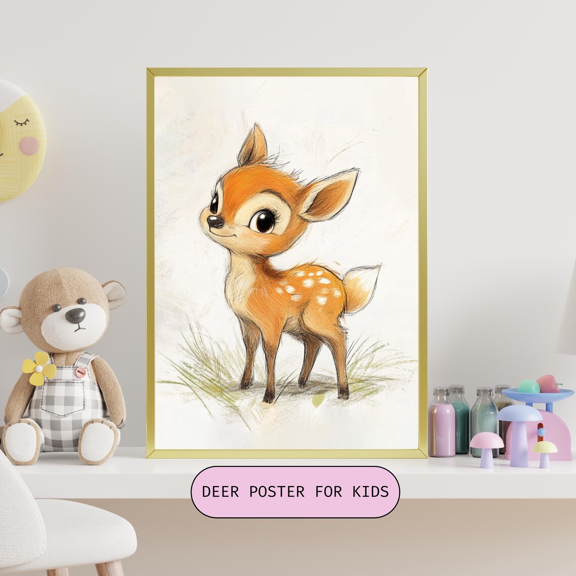 Sweet Spotted Baby Deer Fawn in a Sunny Meadow Nursery Poster