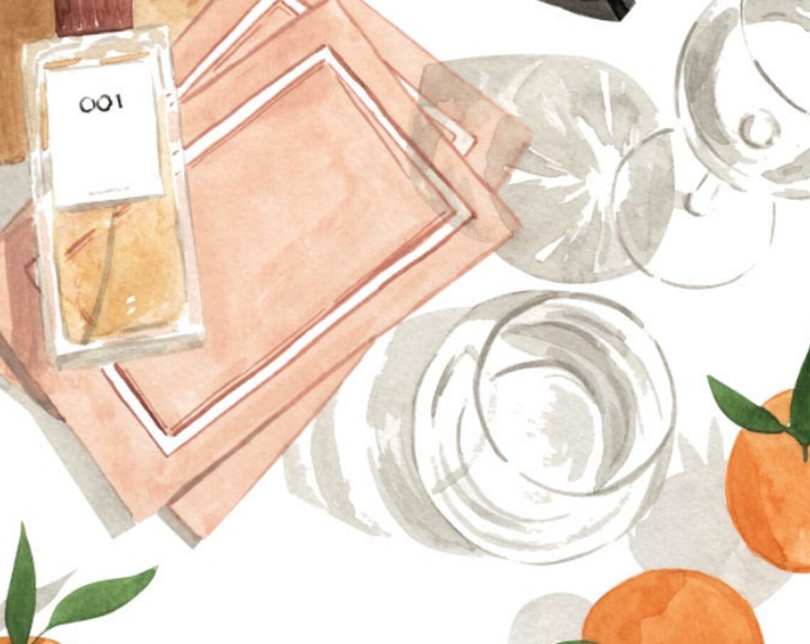 Perfume Bottle Pink Napkins Wine Glasses Orange Still Life Art Print