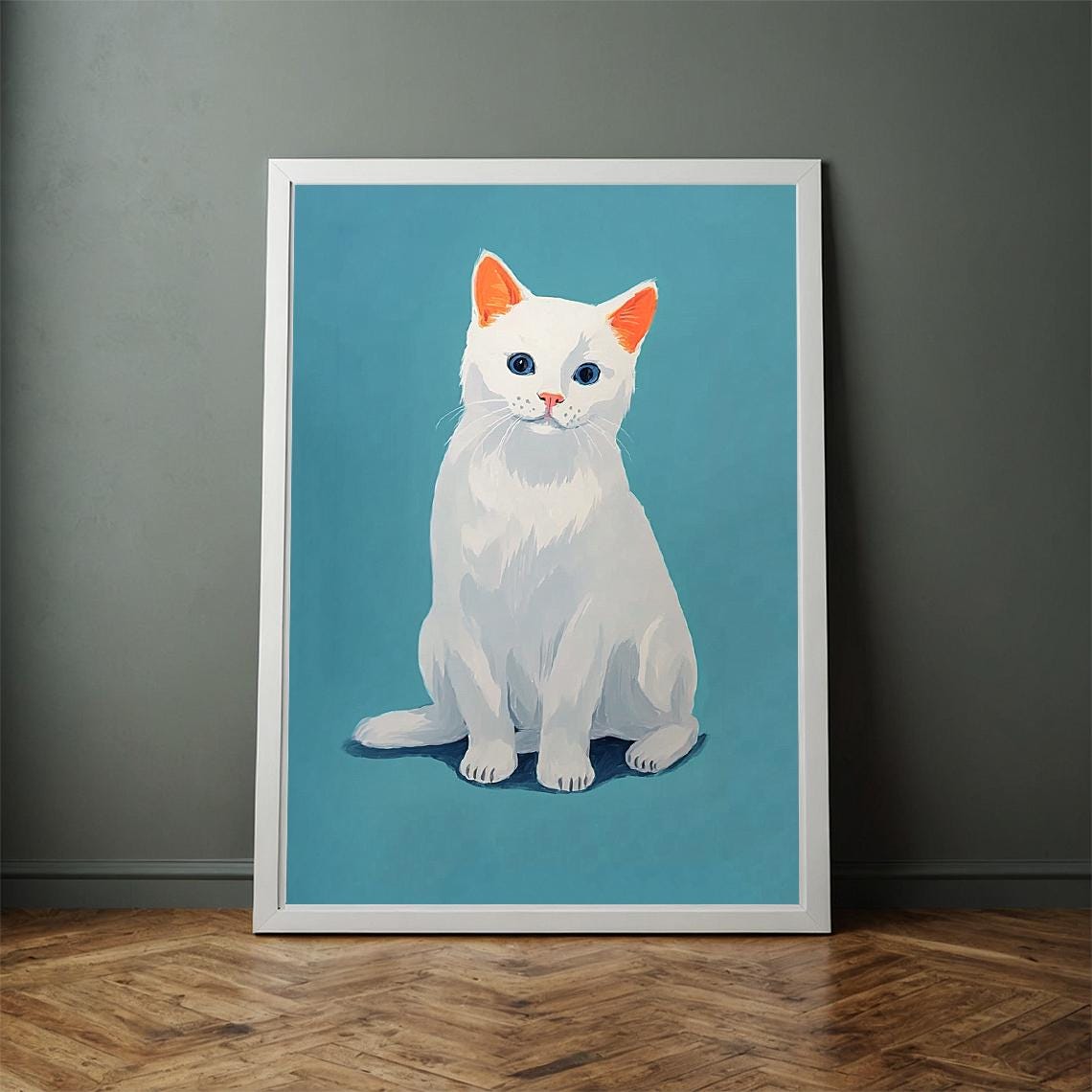 White Kitten With Blue Eyes On Teal Background Minimalist Cat Poster