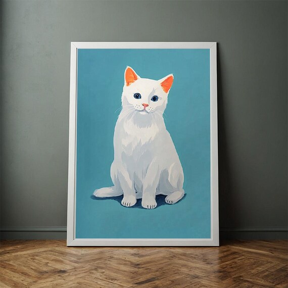 White Kitten With Blue Eyes On Teal Background Minimalist Cat Poster
