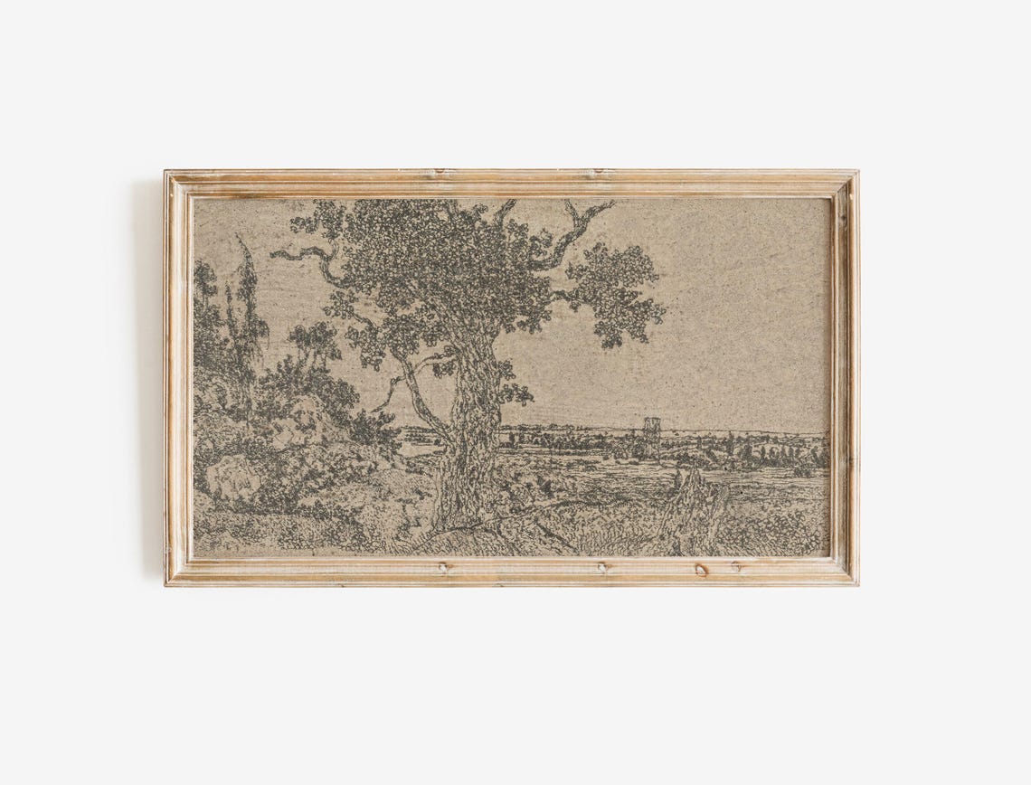 Antique Landscape Sketch Vintage Tree Countryside Ink Drawing Poster - Image 2