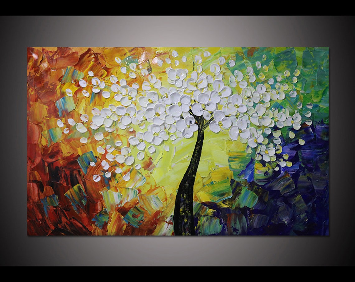 White Flowering Tree Vibrant Rainbow Background Impasto Poster