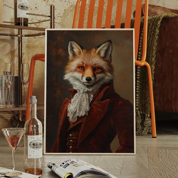 Regal Fox In Red Velvet Coat With Lace Cravat Anthropomorphic Canvas Art Noble Portrait For Whimsical Or Vintage Decor