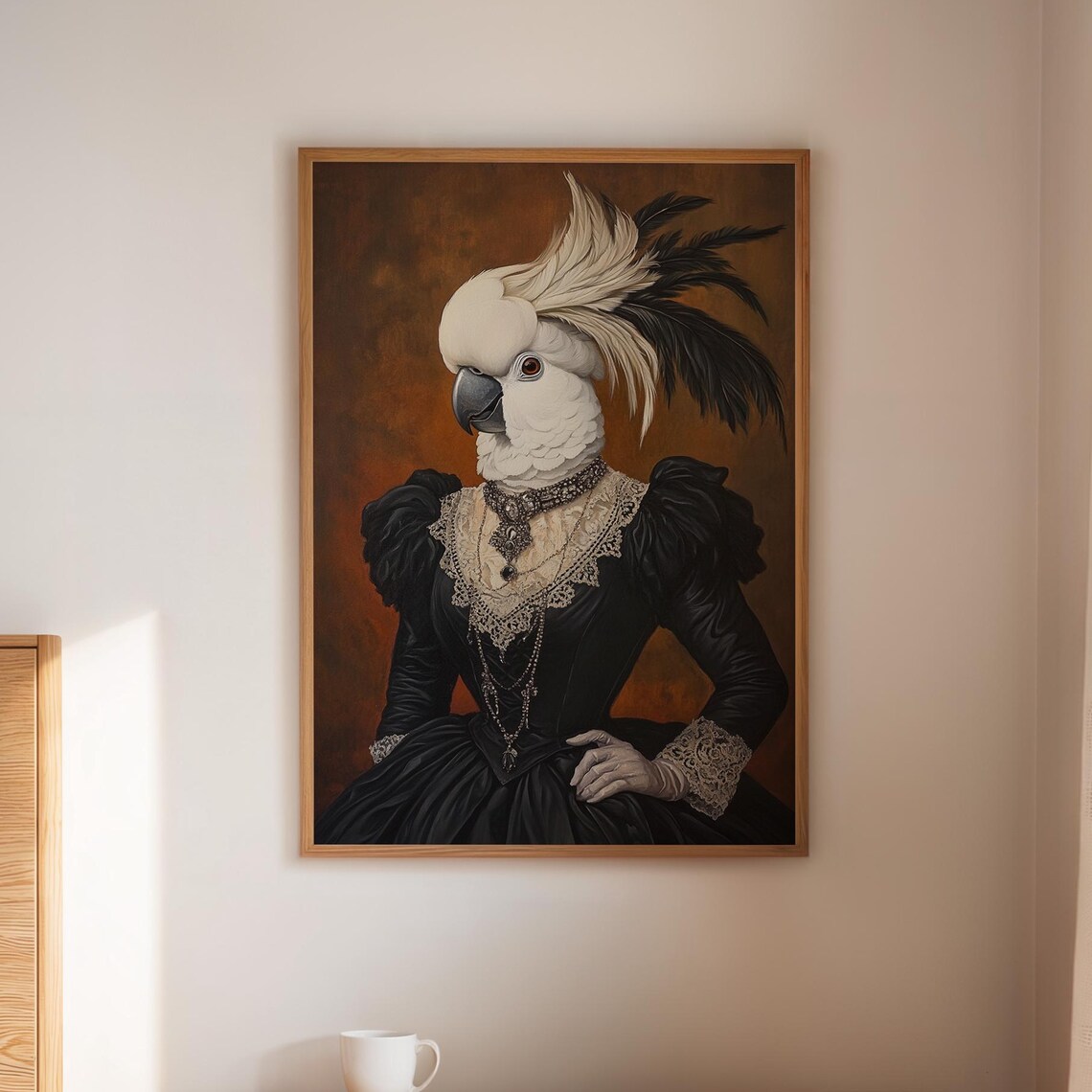 White Cockatoo In Black Victorian Gown Elegant Lace Bird Portrait Poster