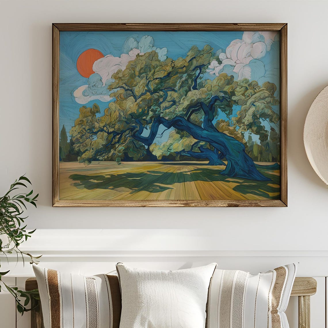 Gnarled Oak Tree Under Orange Sun Van Gogh Style Landscape Poster