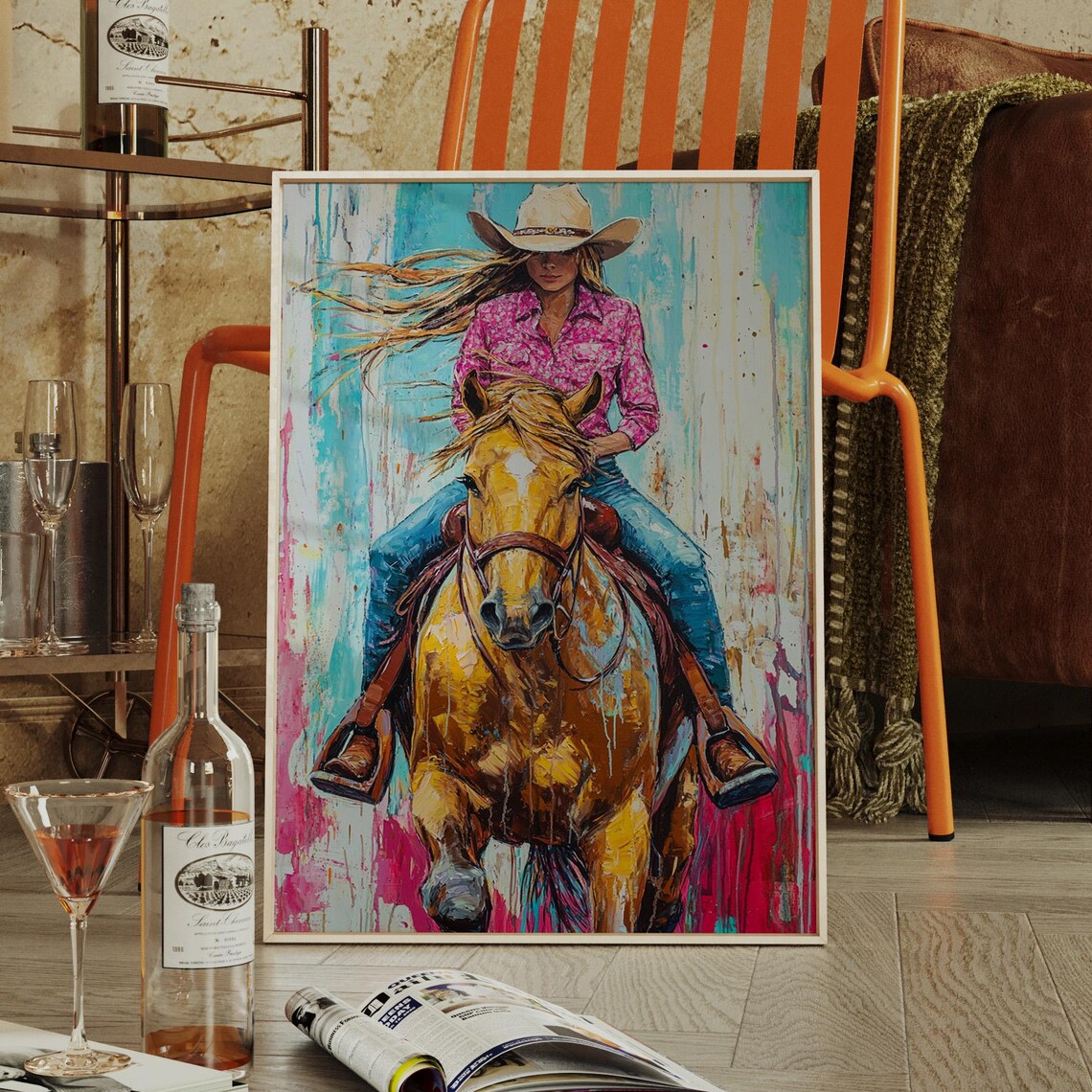 Cowgirl Riding Horse Bold Western Pop Art Vibrant Brushwork Poster