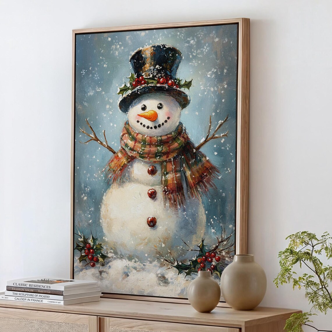 Cheerful Snowman With Top Hat Holly and Scarf Christmas Art Print