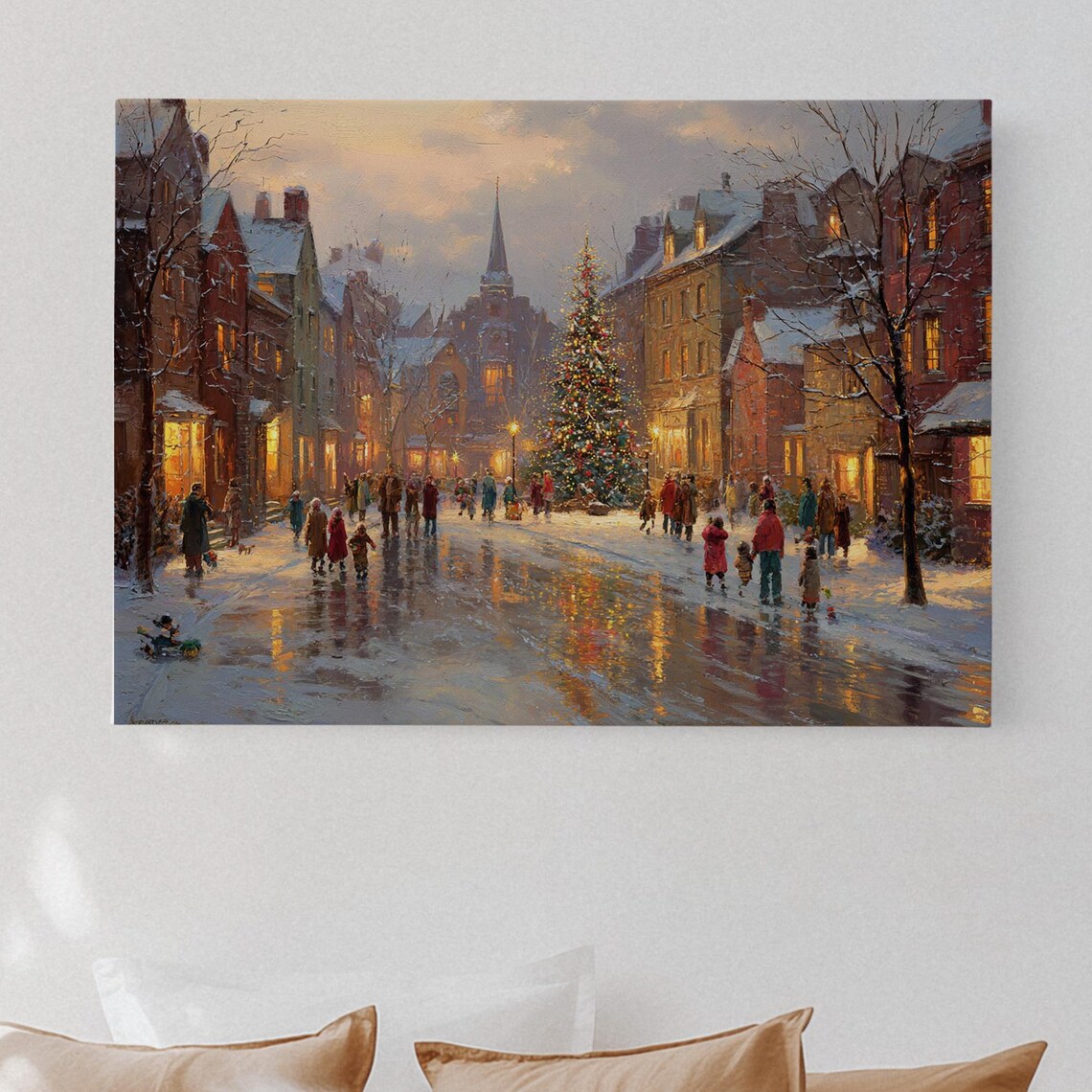 Vintage Christmas Town Canvas Wall Art Festive Winter Street Scene With Tree And Families Holiday Oil Painting Home Decor