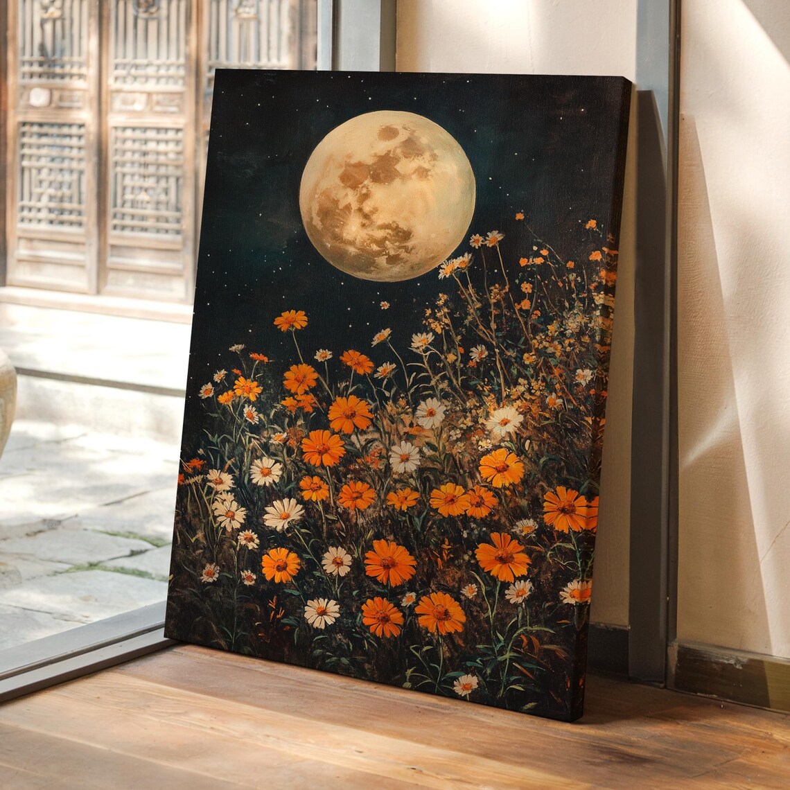 Full Moon Rising Over Wildflower Meadow Orange Blossoms Night Poster