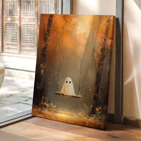 Cute On Swing In Autumn Forest Canvas Wall Art Whimsical Halloween Painting With Golden Fall Leaves Cozy Spooky Seasonal Decor
