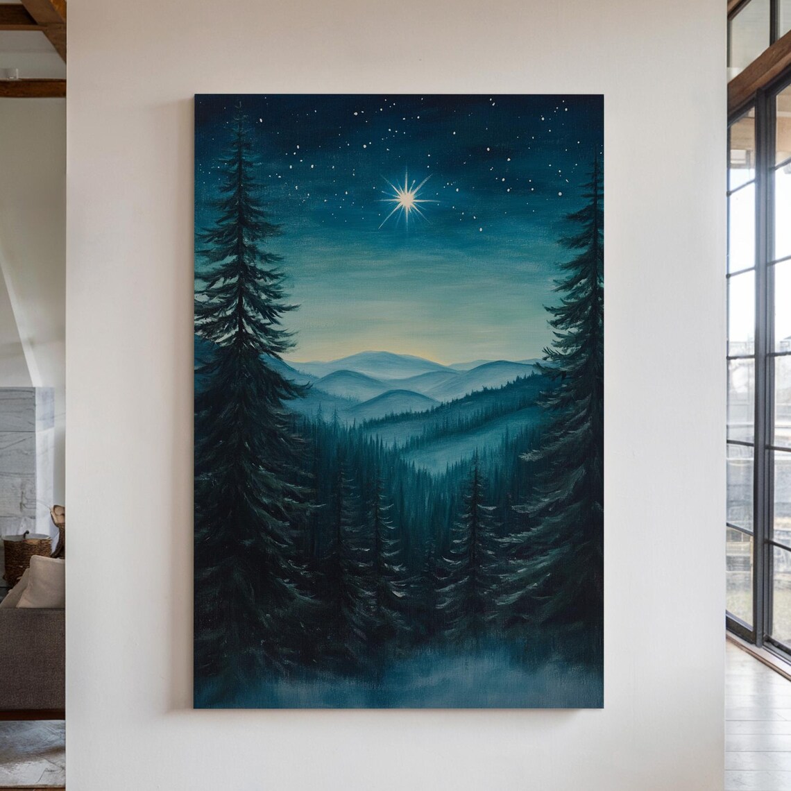 Silent Night Christmas Star Over Dark Pine Forest Mountain Poster
