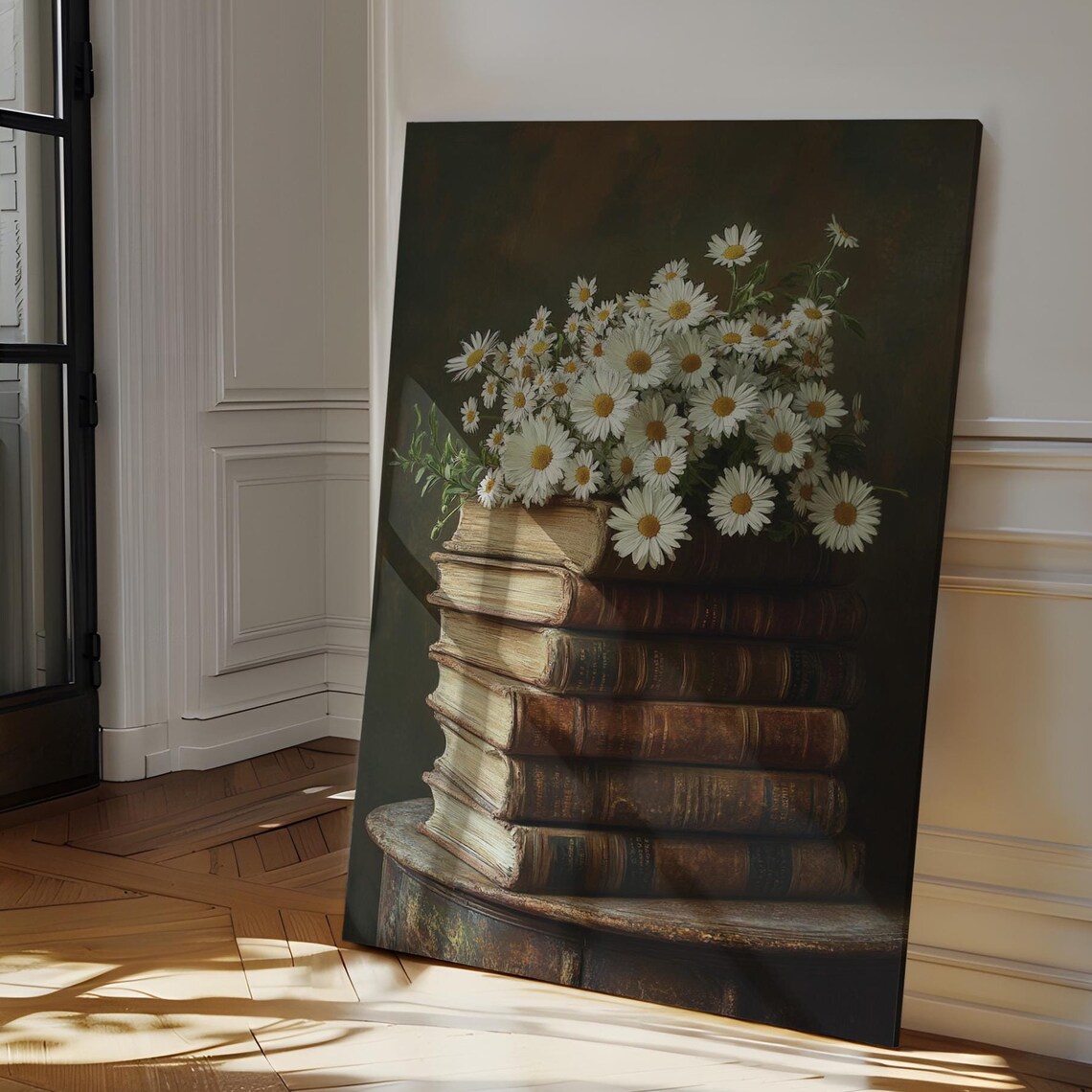 Stack Of Vintage Books Topped With White Daisies Dark Library Wall Art