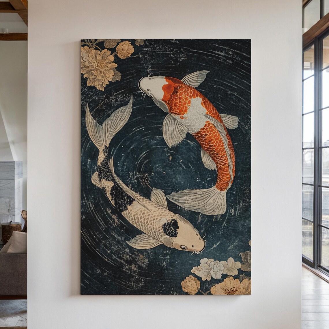 Yin Yang Koi Fish Pair Circling Dark Water With Blossom Flowers Poster