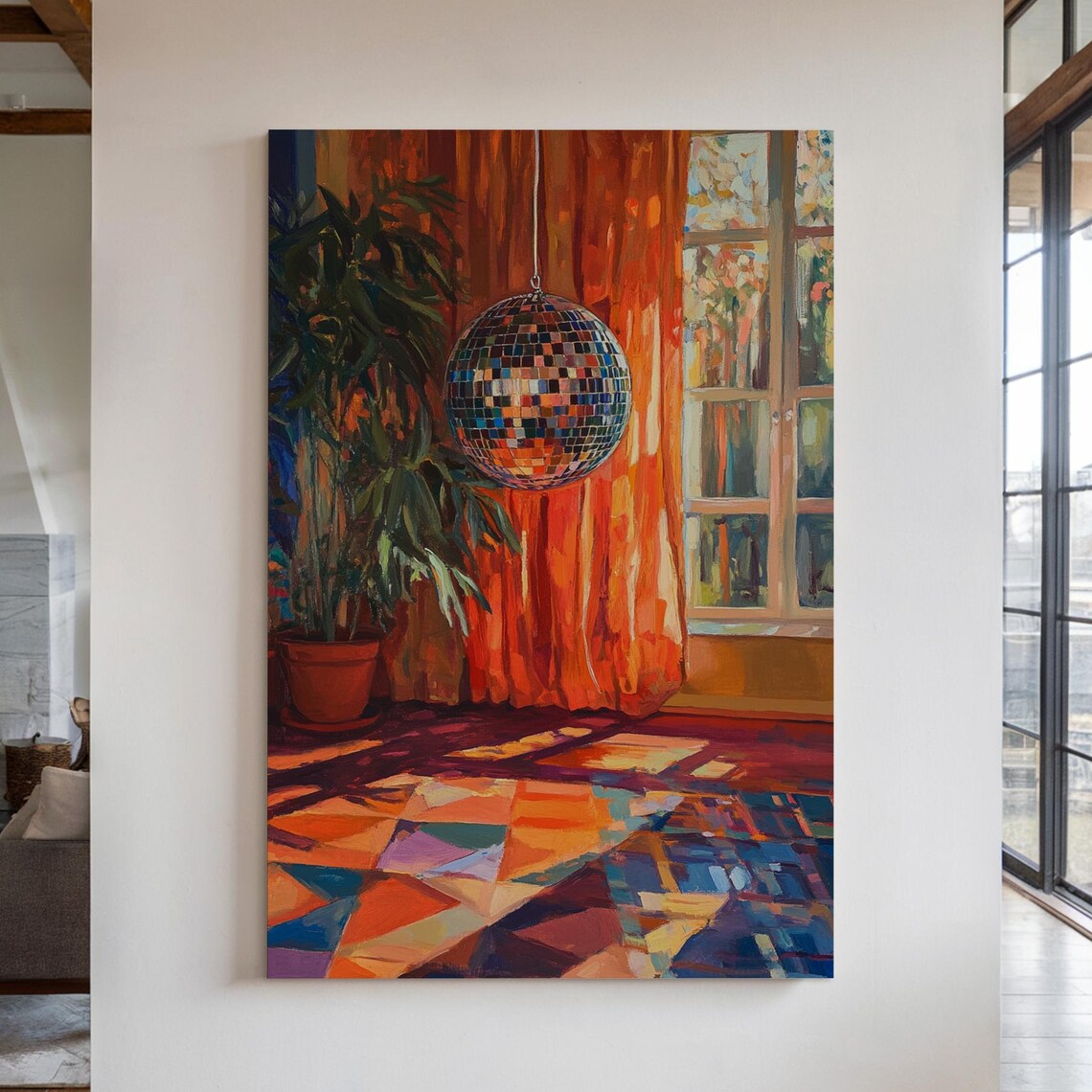 Shimmering Disco Ball in a Colorful Room With Orange Curtains Poster