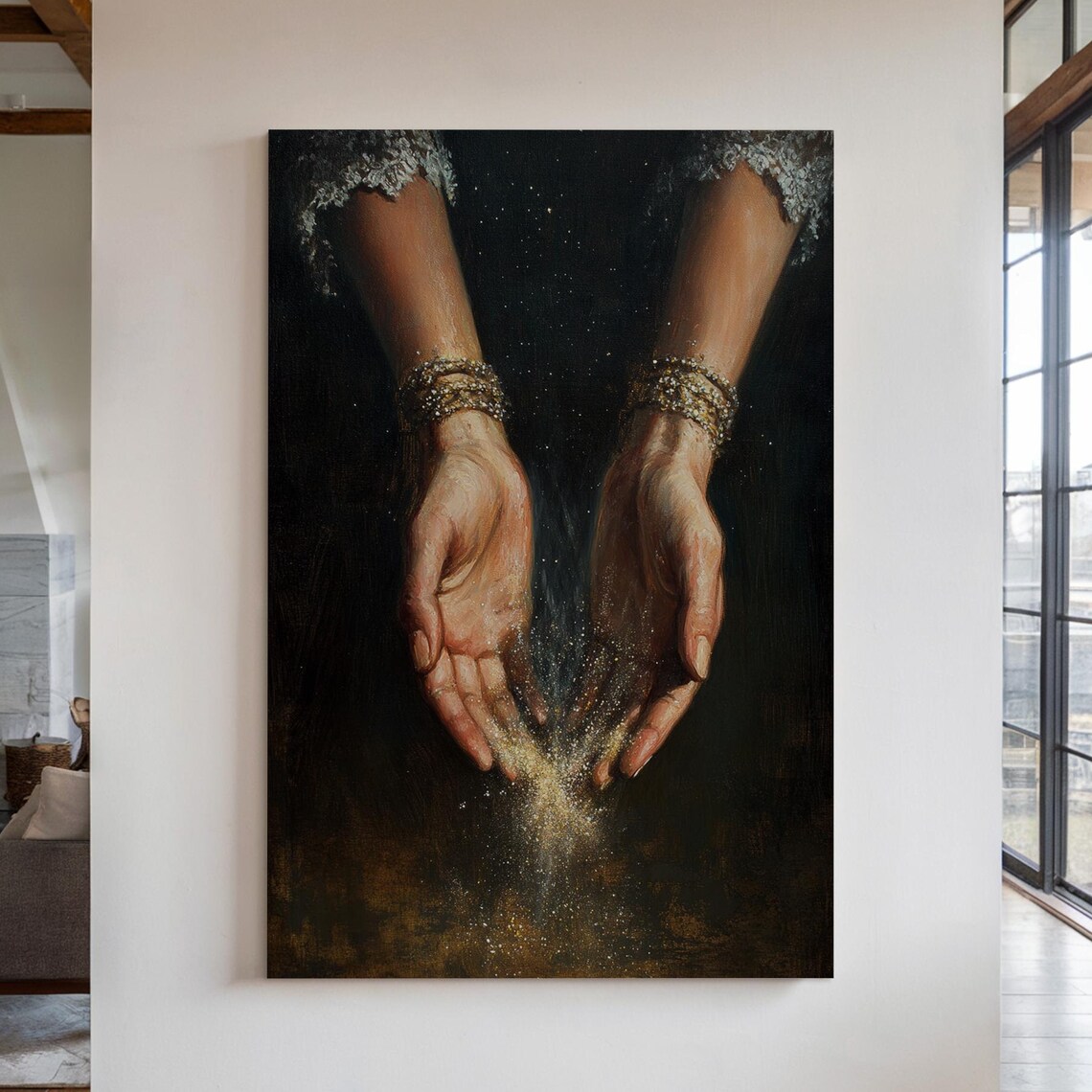 Cupped Hands Releasing Golden Stardust Dark Magical Sparkle Wall Art