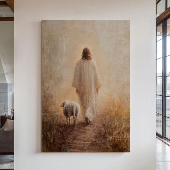 Jesus The Good Shepherd Walking With Lamb Minimalist Art Poster