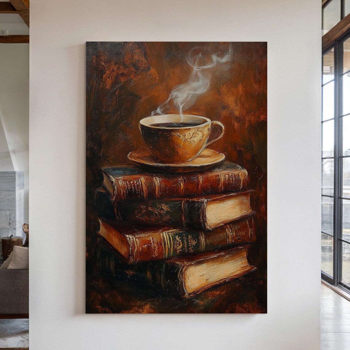 Vintage Coffee and Books Art Print, Rustic Decor
