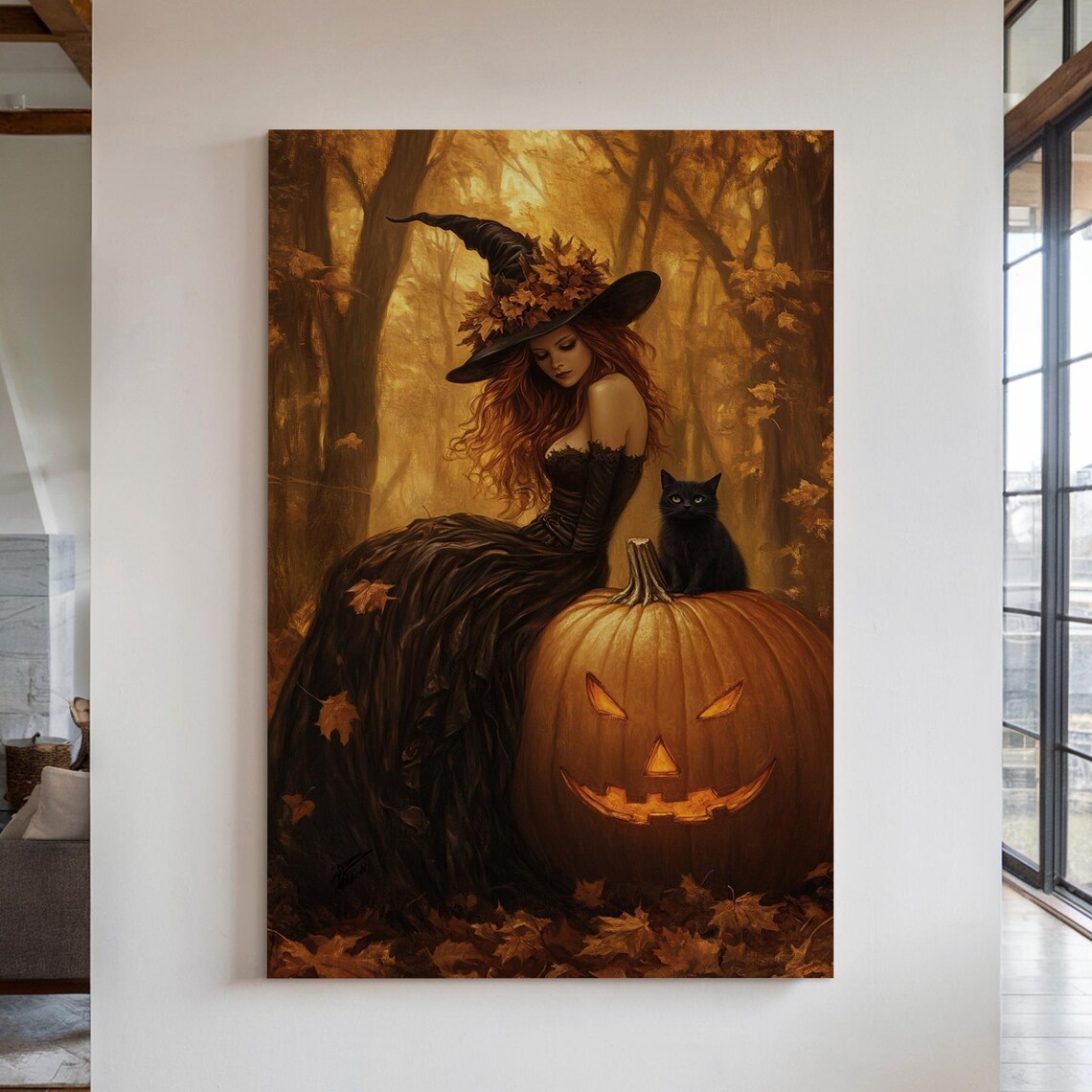 Enchanting Redhead Witch with Black Cat and Jack O Lantern Autumn Poster